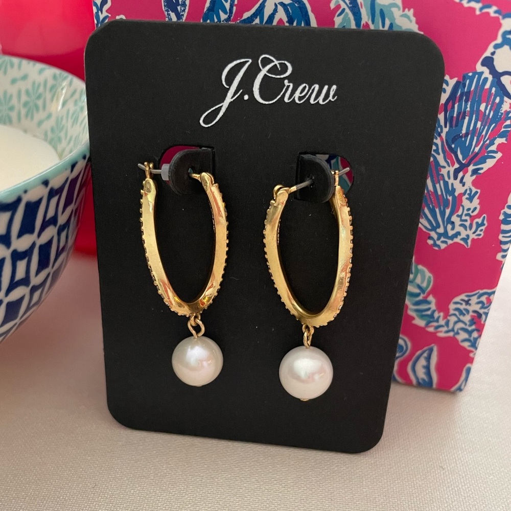 J.CREW Twist Pave’ Pearl Drop Earrings NWT  OS Pearl